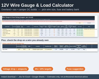 12V Wire Gauge & Battery Calculator Spreadsheet, Van Camper Overland Solar Load Budget, Fuse Size, LiFePO4 AGM, Excel Google Sheets