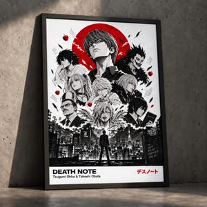 May include: A framed Death Note poster featuring a black and white illustration of multiple characters, a large red circle, and red apples. The bottom section displays the text Death Note, Tsugumi Ohba & Takeshi Obata, and Japanese characters.