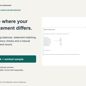 May include: A digital spreadsheet template titled Monthly Cashflow Reconciler by Darkmatter Gameworks. The layout features text describing opening balances, statement matching, and discrepancy checks, with a button labelled Blank + worked sample.