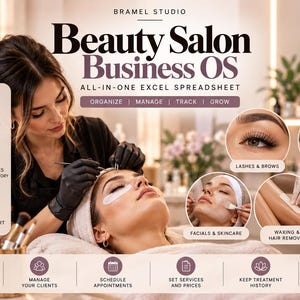 May include: A digital Beauty Salon Business OS Excel spreadsheet template featuring text labels for business dashboard, client management, services, and profitability tracking, alongside circular image inserts showing lashes, makeup, facials, waxing, and nails.
