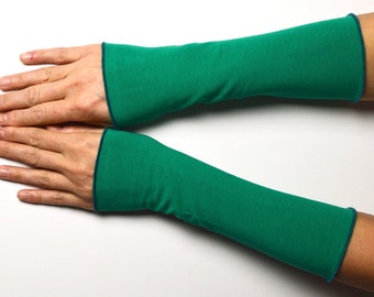 Manchettes vert émeraude manchettes de bras manchettes chauffe-mains jersey de coton 20 cm