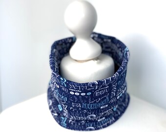 Chaussette de cou écharpe nez-bouche tissu à boucle réversible jersey de coton bleu à motifs lettrage foulard foulard cache-cou