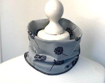 Cache-cou réversible boucle tissu jersey de coton gris-noir floral pissenlit collier foulard écharpe cou chaussette