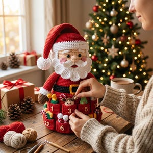 May include: A crocheted Santa Claus advent calendar featuring a red hat, white beard, and numbered pockets. The figure includes small crocheted holiday ornaments tucked into the pockets, with visible numbers 1, 3, 5, 6, and 22 on the red fabric.