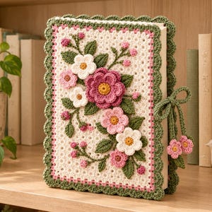 May include: A rectangular book cover featuring an off-white crocheted base with a scalloped sage green border. The front is decorated with three-dimensional crocheted flowers in shades of pink and white, green leaves, and a matching green tie.