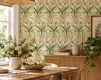 May include: Wallpaper featuring a repeating botanical pattern of pink iris flowers and green foliage on a light cream background. The design displays vertical stems and leaves arranged in a symmetrical, dense floral arrangement.