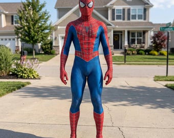 Peut inclure: Un costume complet de Spider-Man composé d'une combinaison en élasthanne rouge et bleue, avec un emblème d'araignée noir sur la poitrine et un motif de toile noire détaillé sur les parties rouges du masque, des bras, du torse et des bottes.