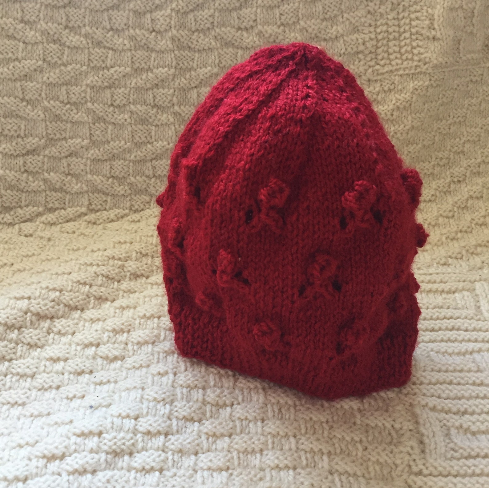 Hand Knitted Rose Pattern Hat, Red Winter Hat, Knitted Ladies Hat ...