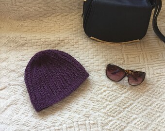 Hand knitted purple woolie hat, plait pattern beanie hat, knitted winter hat, knitted beanie hat, knitted purple hat, unisex winter hat