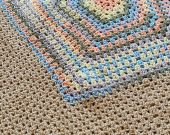 Granny square crochet lap blanket, pentagon blanket, cosy pastel rainbow granny square crochet, chunky childs blanket, winter hygge blanket.