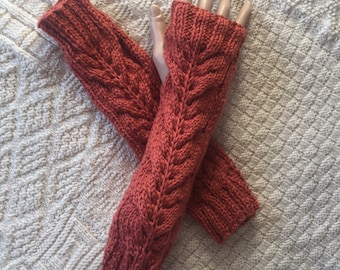 Hand knit Arm Warmers, cosy sleeves, knitted hand warmers, winter arm warmer, cable patterned arm warmer, leaf pattern arm warmer