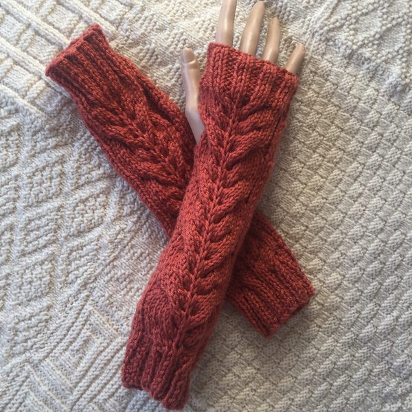 Hand knit Arm Warmers, cosy sleeves, knitted hand warmers, winter arm warmer, cable patterned arm warmer, leaf pattern arm warmer