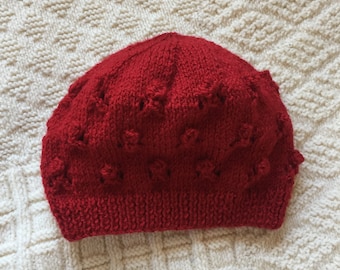 Hand knitted rose pattern hat, red winter hat, knitted ladies hat, womens knit hat, back to school hat, autumn knit hat, teen winter hat