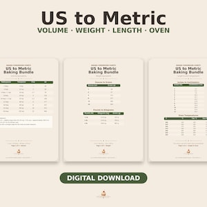 以下が含まれることがあります： US to Metric Baking Bundleと題された3ページのデジタル製菓用換算表セット。表には、体積、重量、長さ、オーブン温度をヤード・ポンド法とメートル法の間で換算するためのデータが、濃い緑色の文字で記載されています。