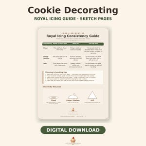 May include: A cookie decorating royal icing guide and sketch page document. The page features a consistency chart for flood, piping, and stiff icing, thinning tips, and visual peak diagrams. The text includes Cookie Decorating Royal Icing Consistency Guide.