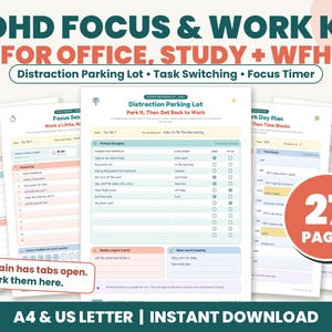 Può includere: Un kit di 27 pagine per la concentrazione e il lavoro ADHD per ufficio, studio e lavoro da casa. Il set stampabile include modelli per il parcheggio delle distrazioni, il cambio attività e il timer di messa a fuoco in A4 e US Letter.