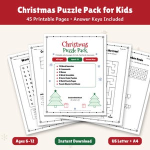 Può includere: Una raccolta di pagine di puzzle natalizi stampabili per bambini con ricerche di parole, cruciverba, labirinti, anagrammi, codici segreti e attività di matematica. La pagina di copertina riporta il titolo Christmas Puzzle Pack con 45 pagine.