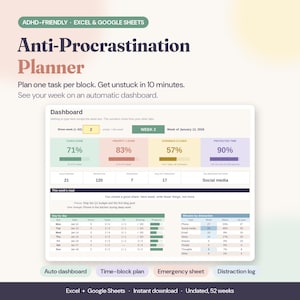 Può includere: Un pianificatore anti-procrastinazione adatto all'ADHD per Excel e Google Sheets. L'interfaccia digitale presenta una dashboard con percentuali di avanzamento, monitoraggio delle attività e un riepilogo settimanale. Il testo include "Plan one task per block".