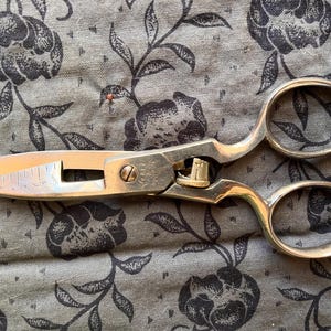 May include: Silver-toned metal sewing shears featuring a built-in ruler scale etched onto the lower blade, a central screw pivot, and a small brass-colored adjustment nut. The scissors have two oval finger loops and pointed blades.