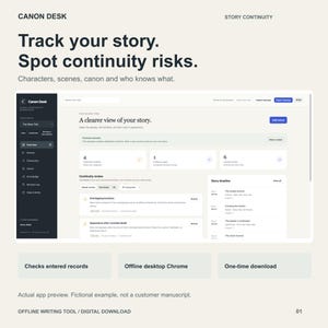 May include: A digital interface for Canon Desk, a story continuity software. The screen displays a dashboard with a dark sidebar, a main workspace titled A clearer view of your story, and sections for continuity review, story timeline, and scene tracking.