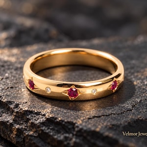Pink Ruby & Diamond Band, 14K Gold Eternity Wedding Ring, Minimalist Stackable Ring, July Birthstone Jewelry Gift