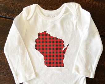 Buffalo Plaid Wisconsin Baby Bodysuit, Wisconsin Born, Wisconsin Baby bodysuit, Black & Red Plaid bodysuit, Wisconsin Roots bodysuit