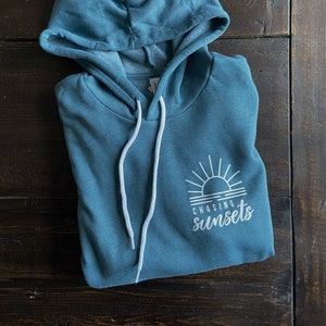 Chasing Sunsets Hoodie, Bella Canvas Sweatshirt, Summer hoodie, Beach Girl, Sunset Chaser Heathered Deep Teal