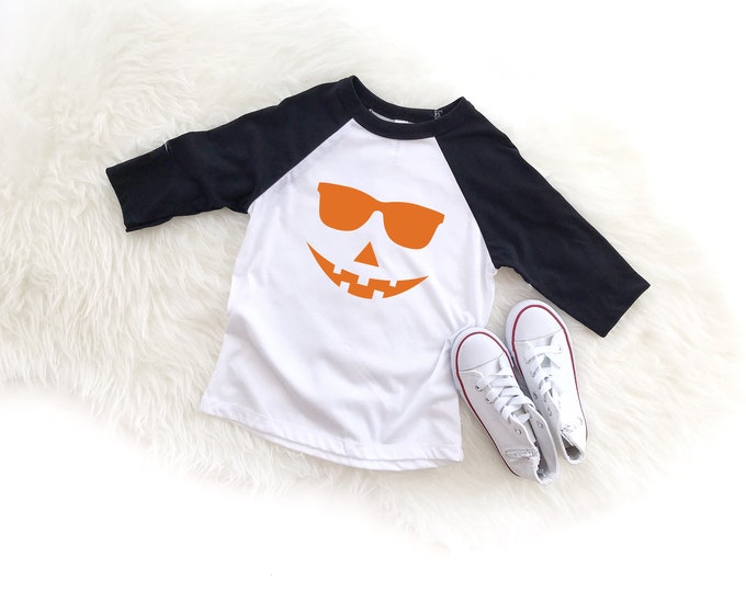 Jack O'Lantern Raglan Tee: Halloween Pumpkin with Sunglasses