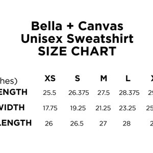 Puede incluir: Tabla de tallas para sudaderas unisex Bella + Canvas, que muestra las medidas en pulgadas para la longitud del cuerpo, el ancho del cuerpo y la longitud de la manga para las tallas XS, S, M, L, XL y 2XL.