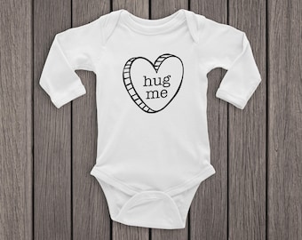 Candy Heart Hug Me Baby Bodysuit, Personalized Valentine's Day One Piece, Customizable Baby Valentine's Day Bodysuit