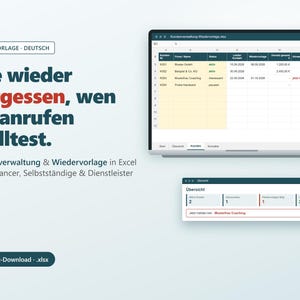 May include: A digital Excel spreadsheet template for customer management and follow-ups. The interface displays columns for client names, status, contact dates, and revenue. Text includes 'Nie wieder vergessen, wen du anrufen wolltest' and 'Sofort-Download .xlsx'.