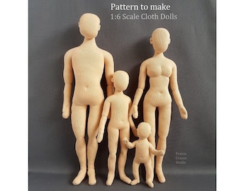PDF pattern 1:6 scale cloth doll family, DIY posable miniature mannequins, soft sculpture, English language