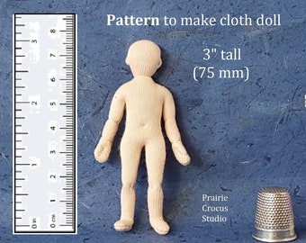 PDF sewing pattern 1:16 scale child 3 inch (75 mm) cloth doll, DIY posable miniature mannequin, English language