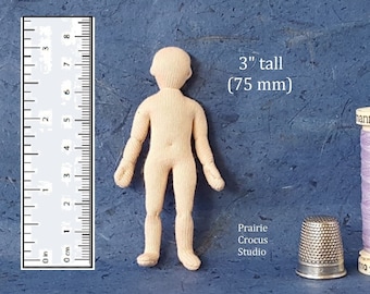 1:16 scale cloth doll 3 inch child (75 mm) optional face, posable miniature mannequin, soft sculpture, handmade