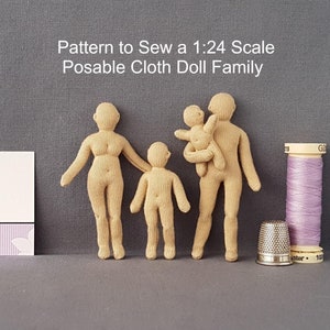 PDF sewing pattern 1:24 scale tiny cloth doll family, DIY posable miniature mannequins, English language