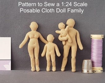 PDF sewing pattern 1:24 scale tiny cloth doll family, DIY posable miniature mannequins, English language