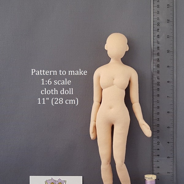 PDF sewing pattern 1:6 scale 11 inch cloth doll 28 cm woman, DIY slim fashion doll, posable miniature mannequin, English language