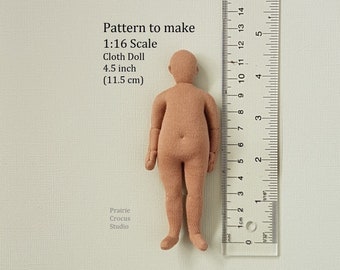 PDF sewing pattern 1:16 scale 4.5 inch cloth doll 11.5 cm, plus size man, DIY posable miniature mannequin, English language