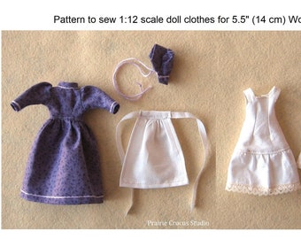 PDF sewing pattern 1:12 scale doll clothes, DIY prairie dress, miniature frontier costume, doll not included, English language
