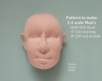 PDF pattern 1:3 scale cloth doll head, 4" high 10 cm, DIY man  soft sculpture face, English language