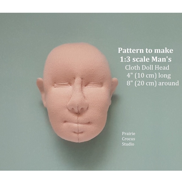 PDF sewing pattern 1:3 scale cloth doll head 4 inch high 10 cm, DIY man  soft sculpture face, English language