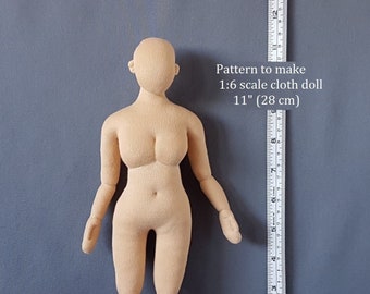 PDF sewing pattern 1:6 scale cloth doll 11 inch curvy woman 28 cm, DIY posable fashion doll, miniature mannequin, English language