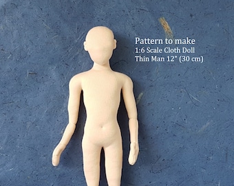 PDF sewing pattern 1:6 scale 12 inch (30 cm) cloth doll thin man, DIY posable miniature mannequin, English language