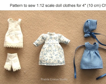 PDF sewing pattern 1:12 scale doll clothes, doll not included, DIY miniature prairie pioneer girl costume, English language