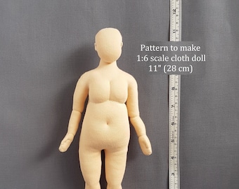 PDF sewing pattern 1:6 scale DIY 11 inch cloth doll 28 cm, plus size woman, posable miniature mannequin, English language