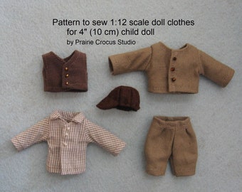 PDF sewing pattern 1:12 scale doll clothes, DIY prairie pioneer boy costume, doll not included, miniature frontier style, English language