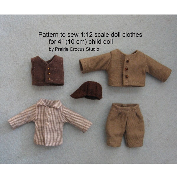 PDF sewing pattern 1:12 scale doll clothes, DIY prairie pioneer boy costume, doll not included, miniature frontier style, English language