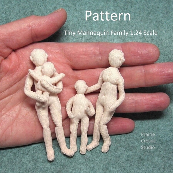 PDF sewing pattern 1:24 scale tiny cloth doll family, DIY posable miniature mannequins, English language