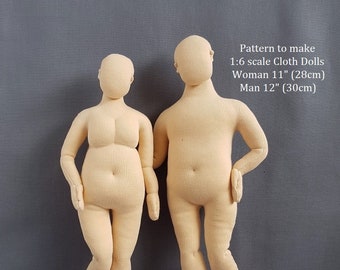 PDF sewing pattern 1:6 scale cloth dolls, DIY plus size man 12", woman 11", plump fashion dolls, miniature mannequins, English language