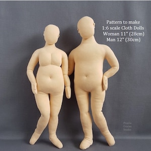 PDF sewing pattern 1:6 scale cloth dolls, DIY plus size man 12, woman 11, plump fashion dolls, miniature mannequins, English language image 1